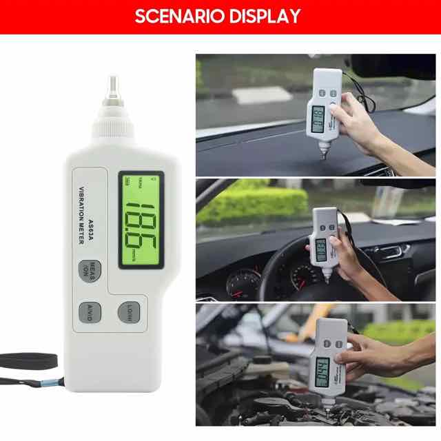 Portable handheld vibration meter with digital LCD display, shown in use on a car dashboard, steering wheel area, and engine bay, alongside a product close-up on a white background.